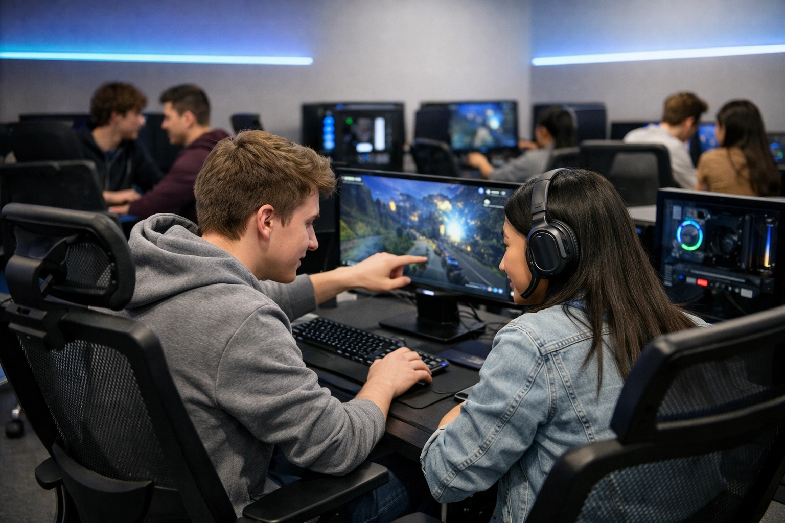 High school students collaborating at esports computers for education-focused brand sponsorship