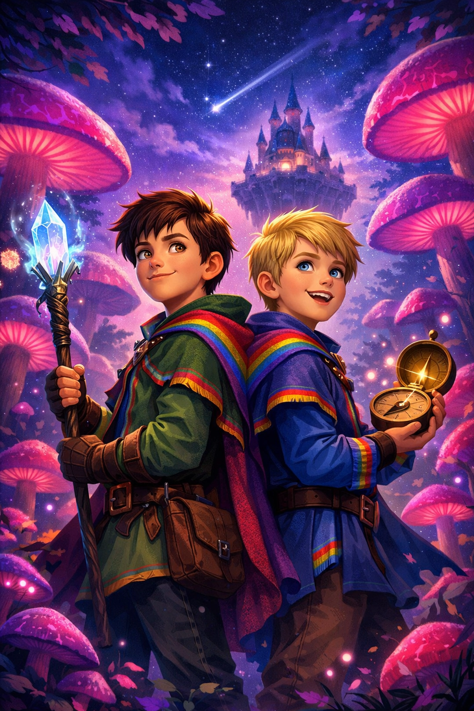 Two young heroes on a magical fantasy quest through a mystical forest, representing gay middle-grade adventure.
