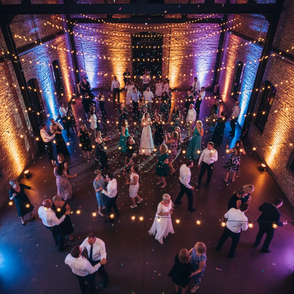 A vibrant wedding dance floor with couples and guests under string lights in a warmly lit venue, creating a joyful atmosphere.