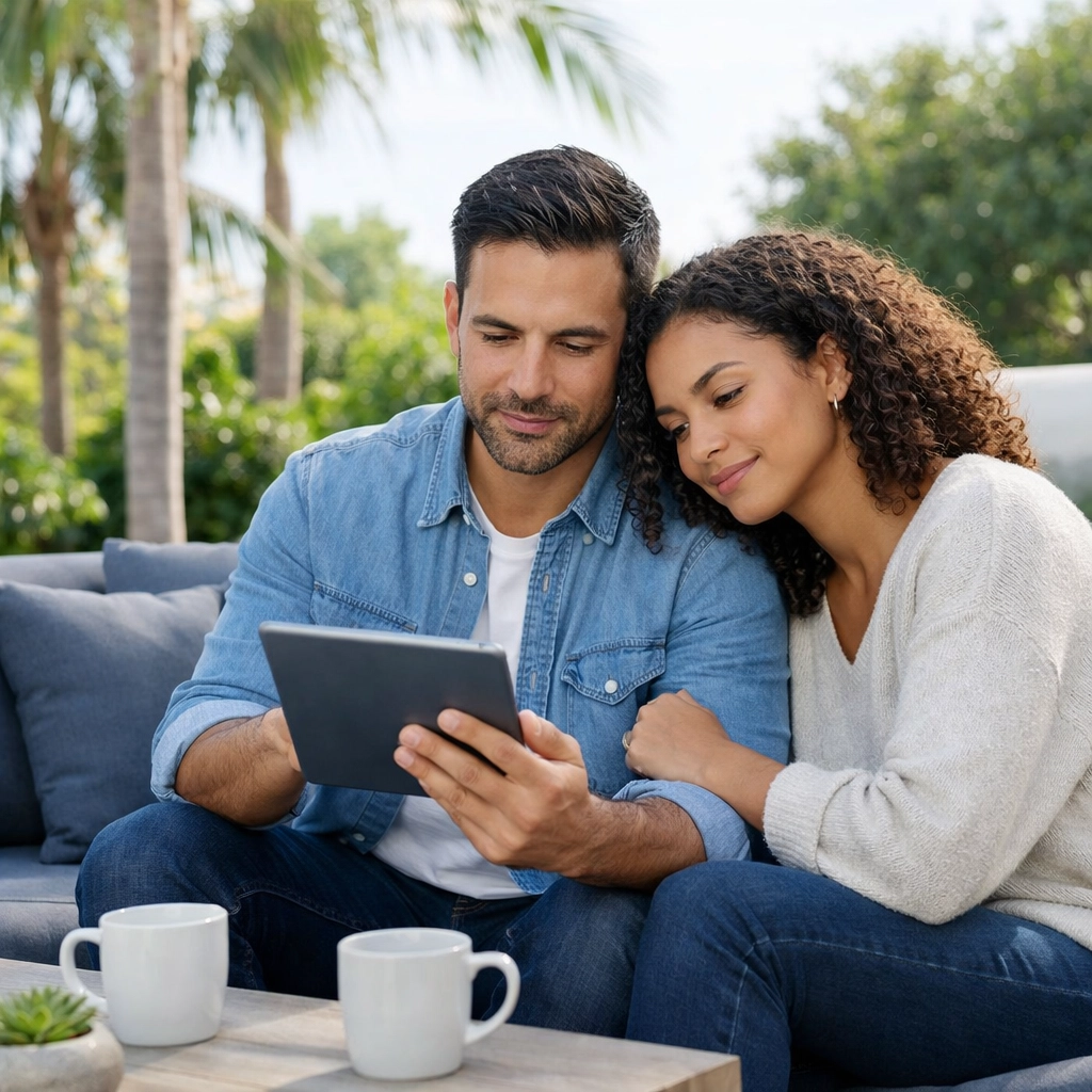 California couple confidently planning their family's financial future with life insurance options.