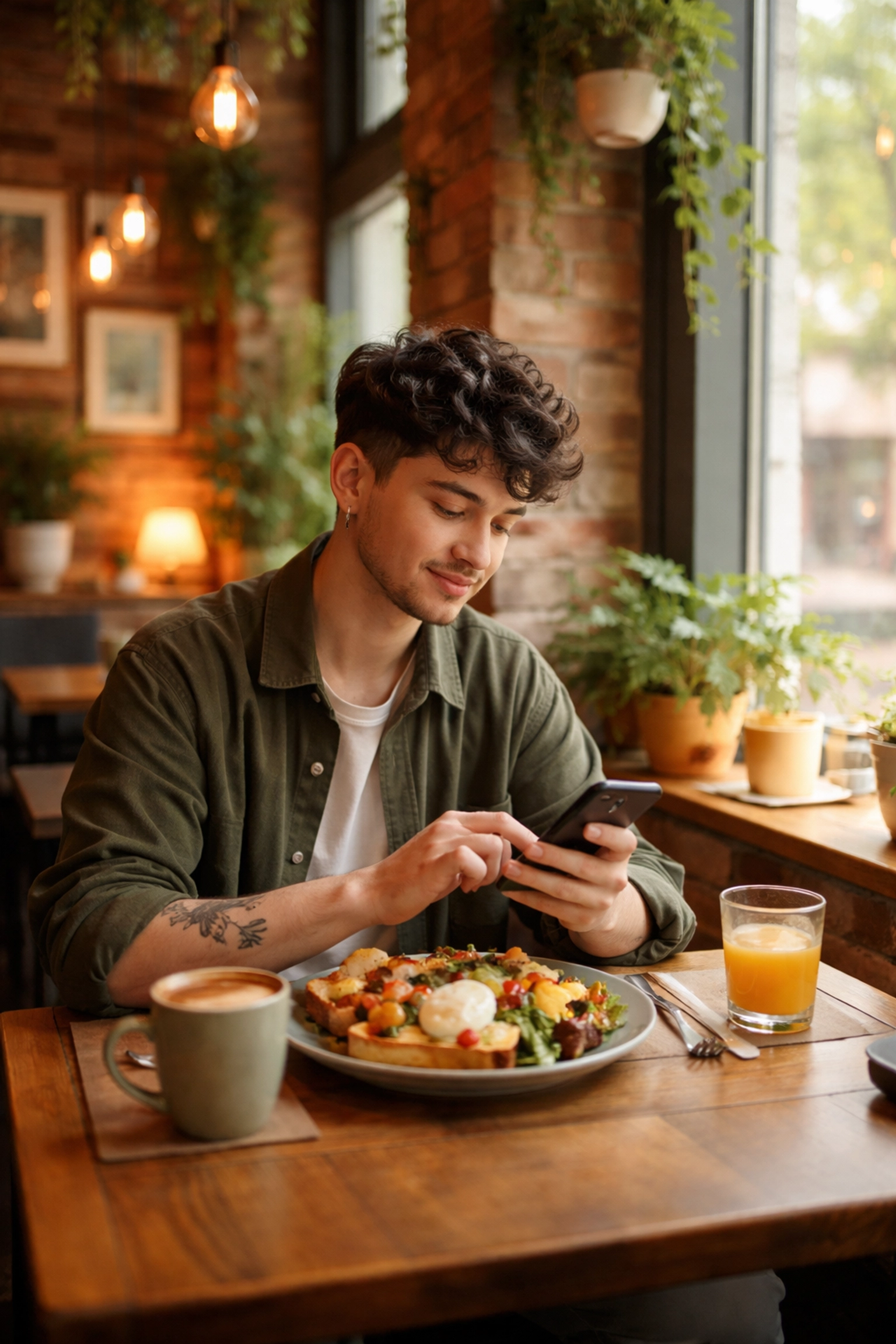 Trans masculine person dining comfortably at a cozy café, representing trans friendly restaurants
