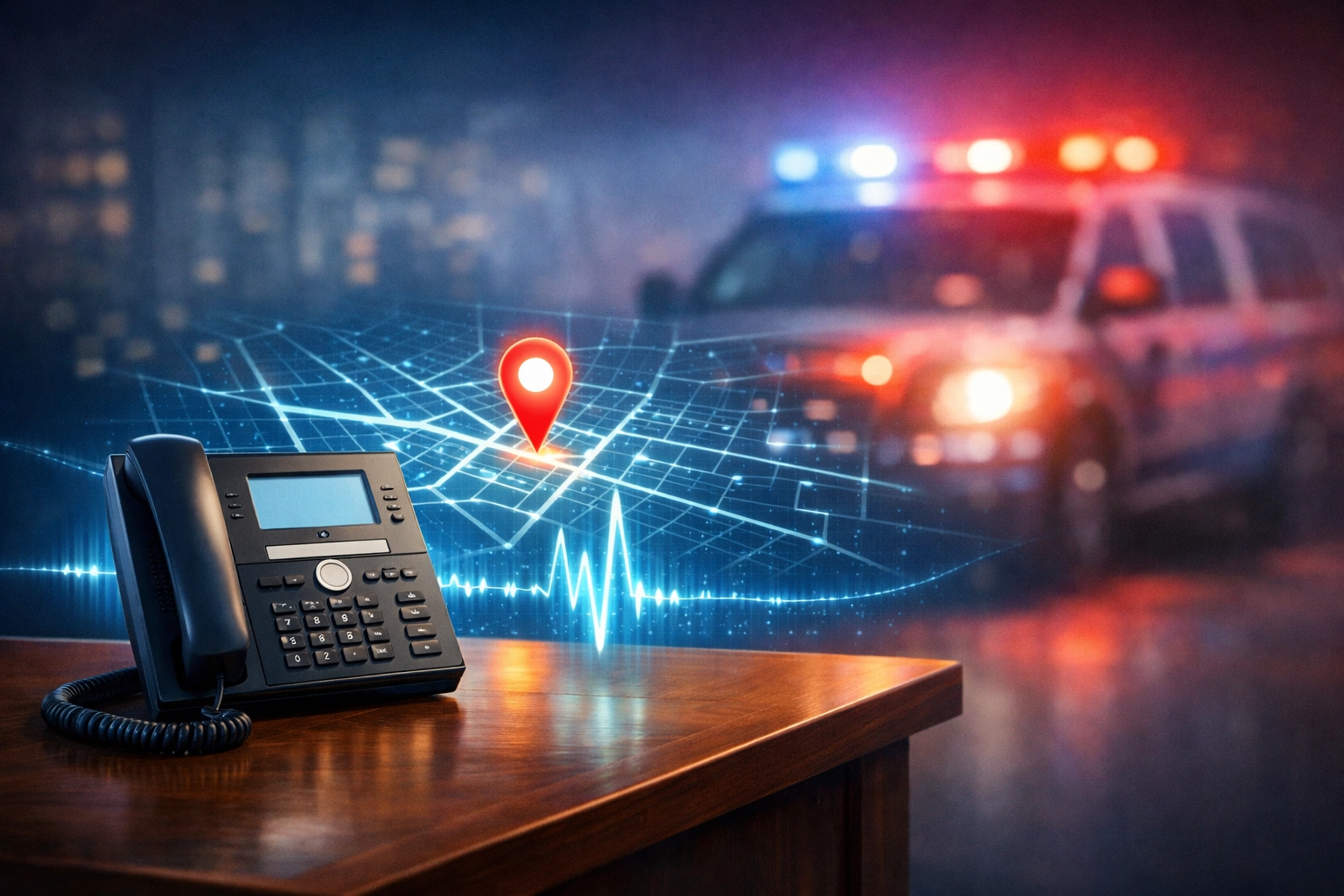 Professional IP phone system showing E911 emergency location compliance for office safety.