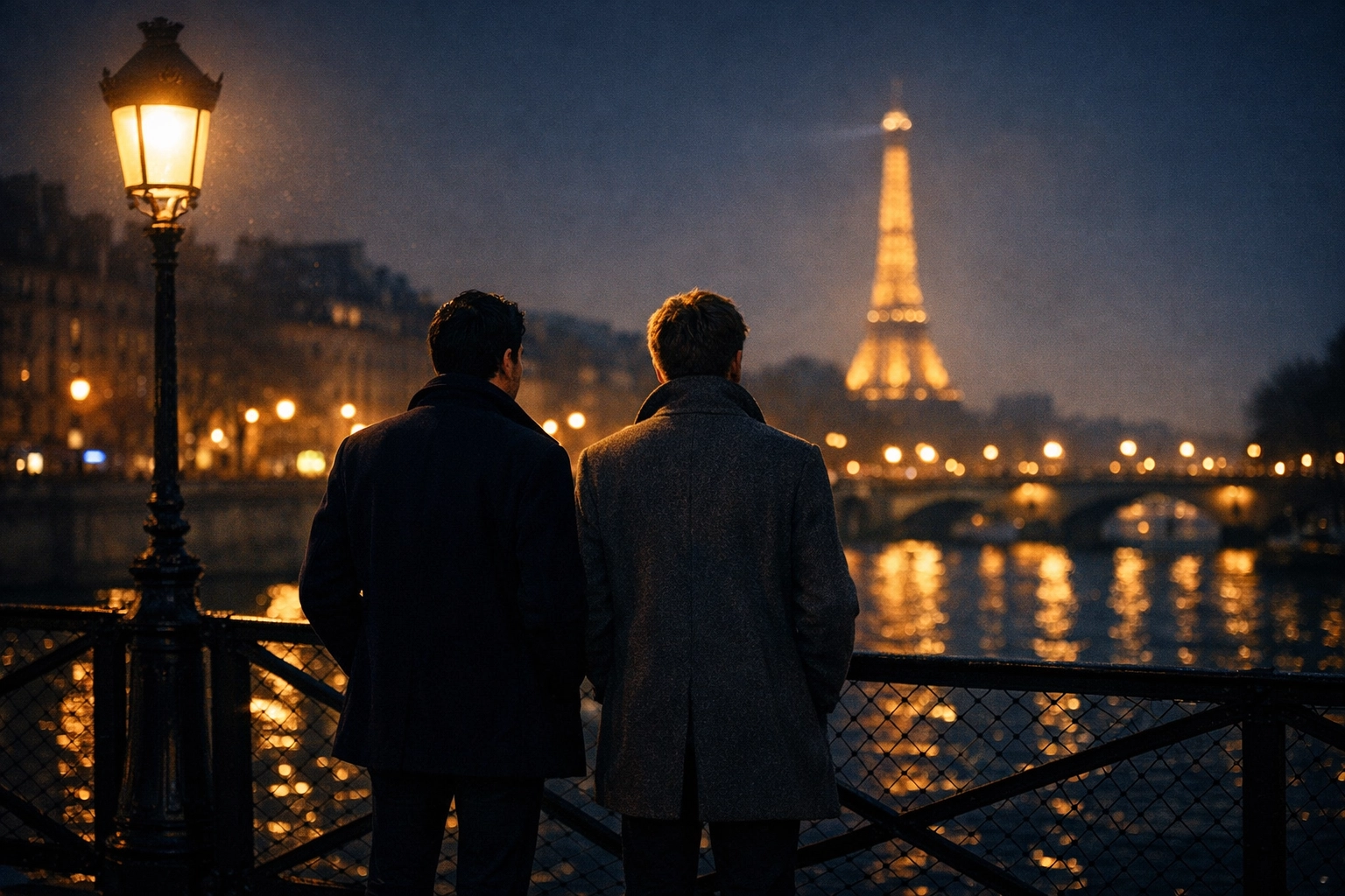 Two men standing on Pont des Arts bridge in Paris at midnight, gazing at the Seine in MM romance moment