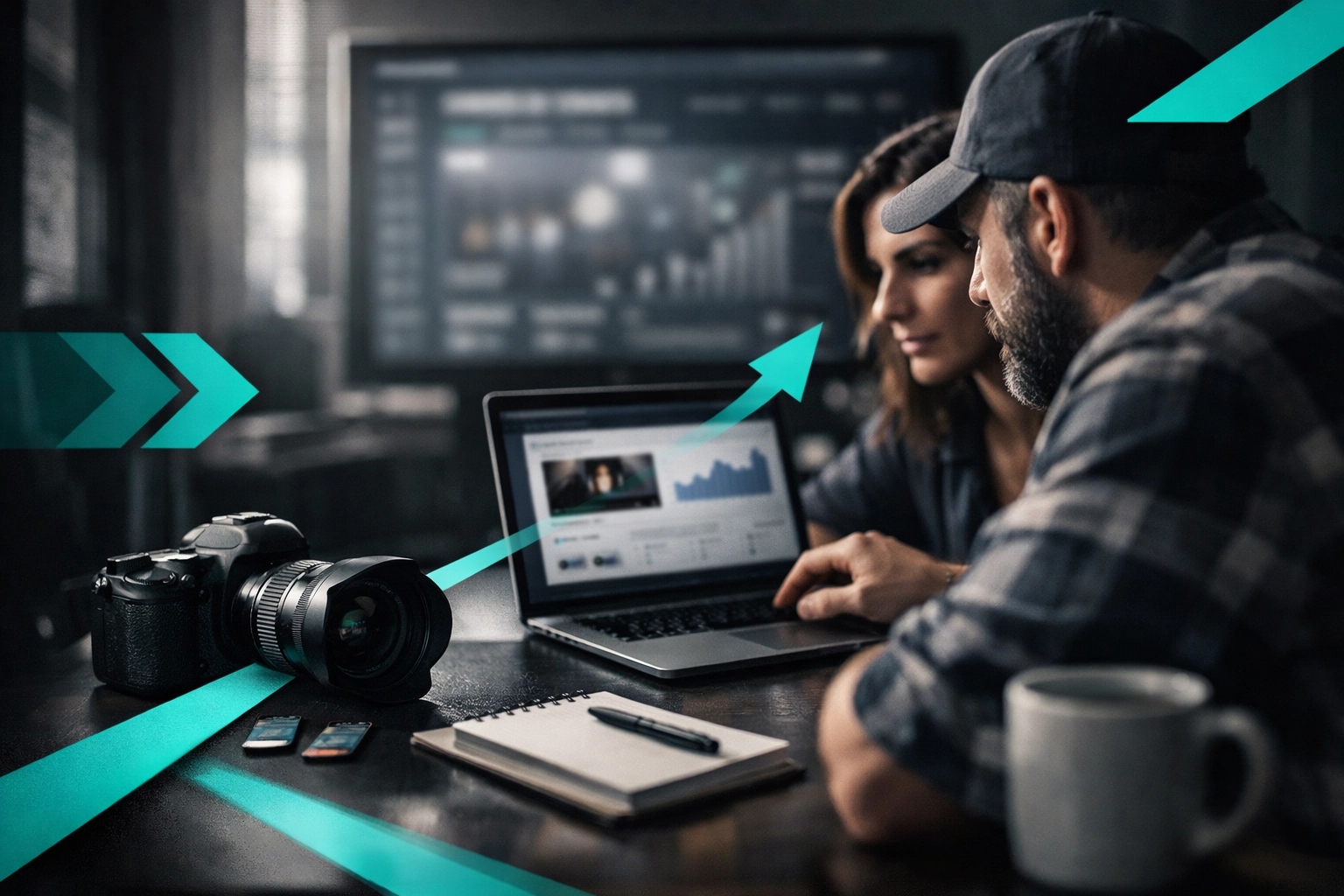 Marketing manager and contractor analyzing lead generation results from professional video ads.