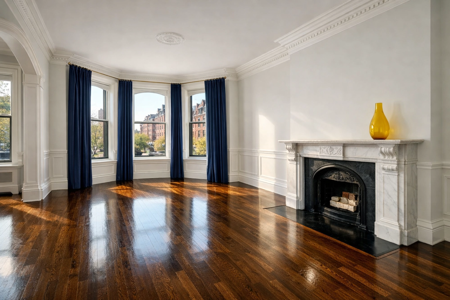 A move-in-ready Boston brownstone apartment living room following a professional turnover inspection.