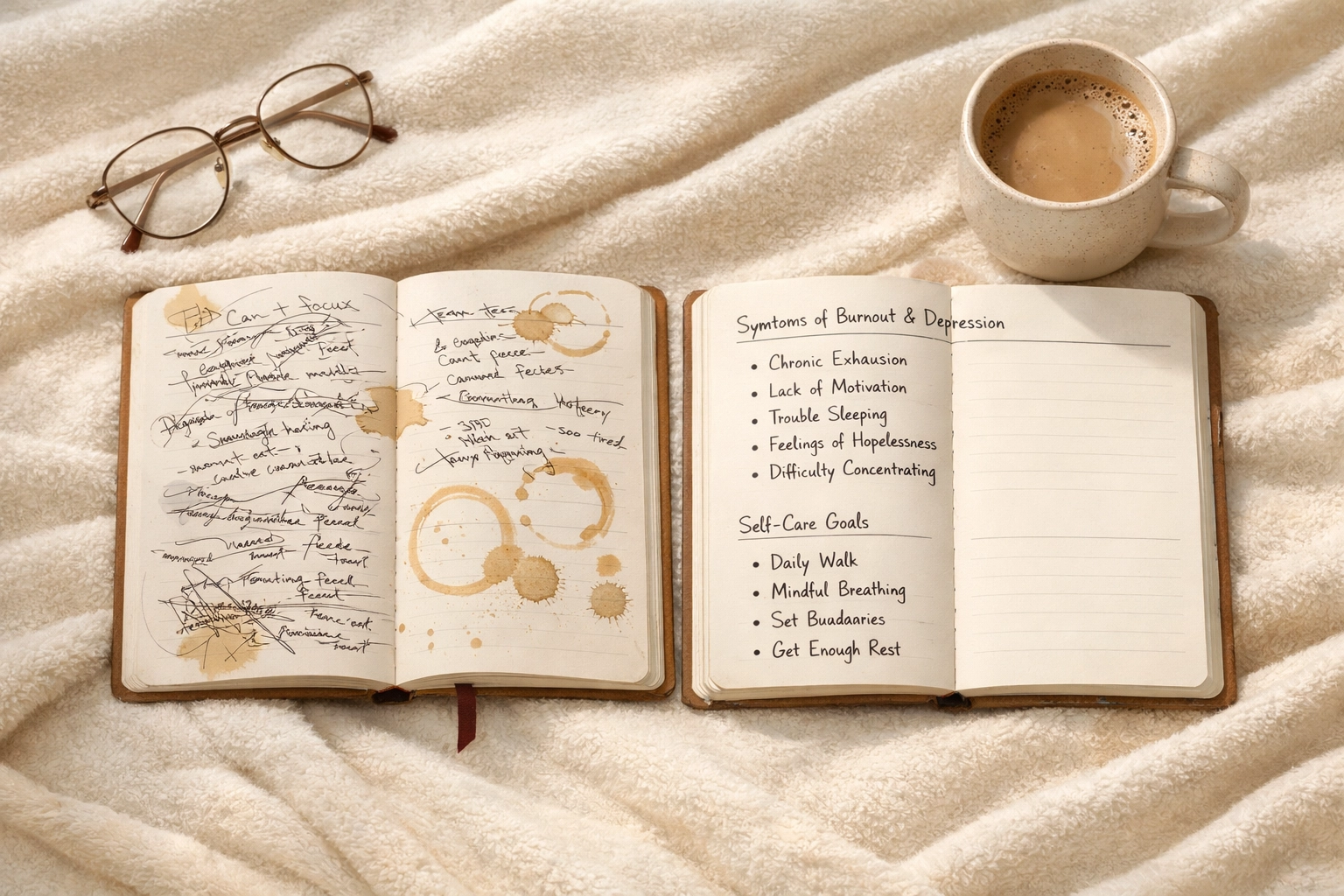 Two journals comparing burnout and depression symptoms side by side