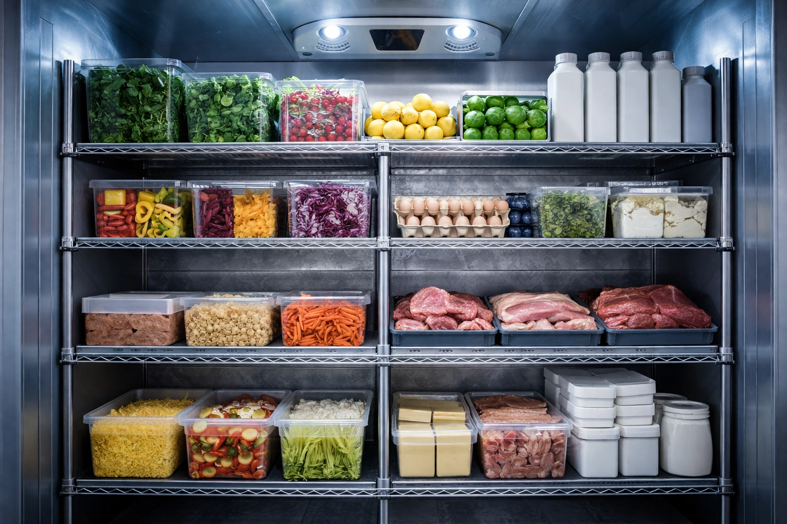 Walk-in commercial refrigerator in a restaurant kitchen with organized fresh inventory, representing food spoilage protection.