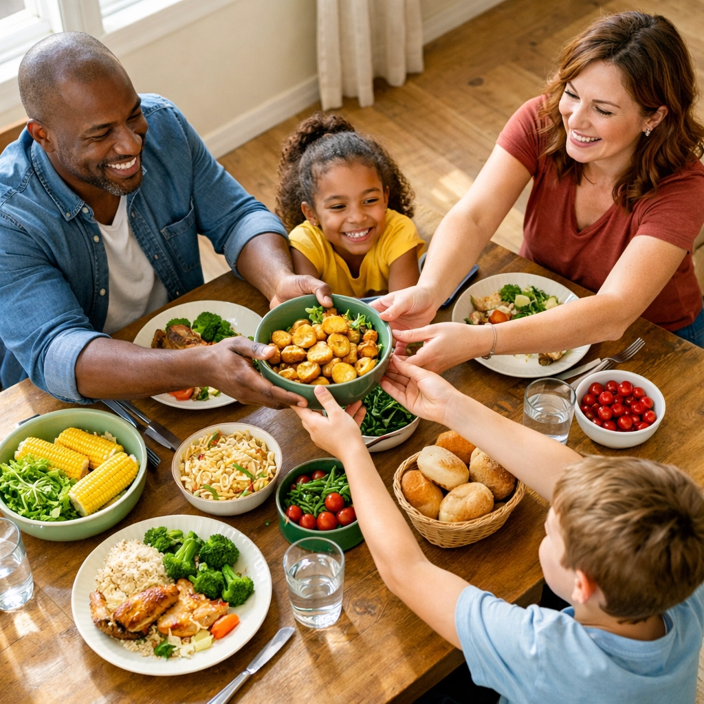 Family sharing a meal together at dinner table strengthening bonds