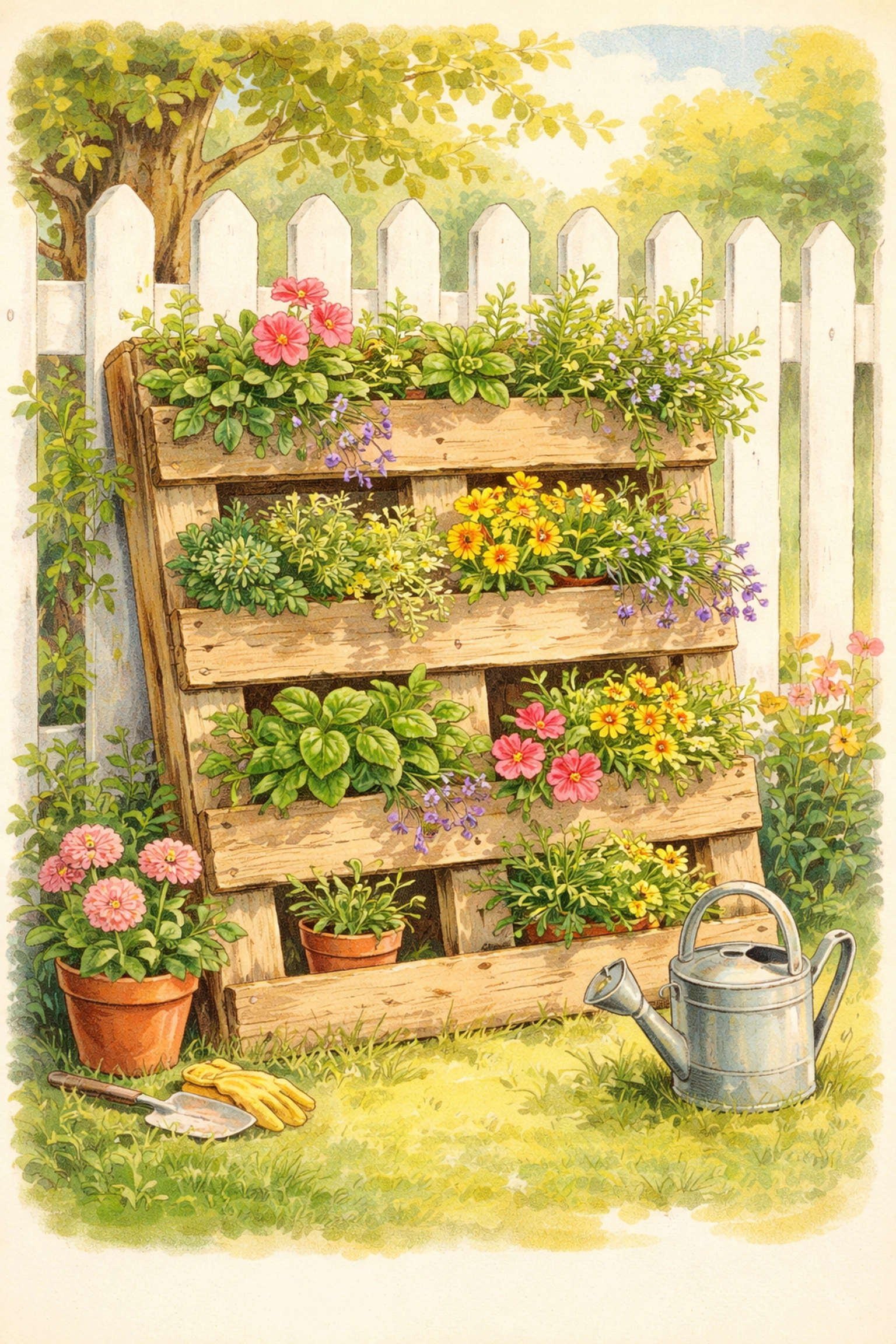 A rustic pallet garden filled with herbs and flowers leaning against a white picket fence in a sunny backyard.