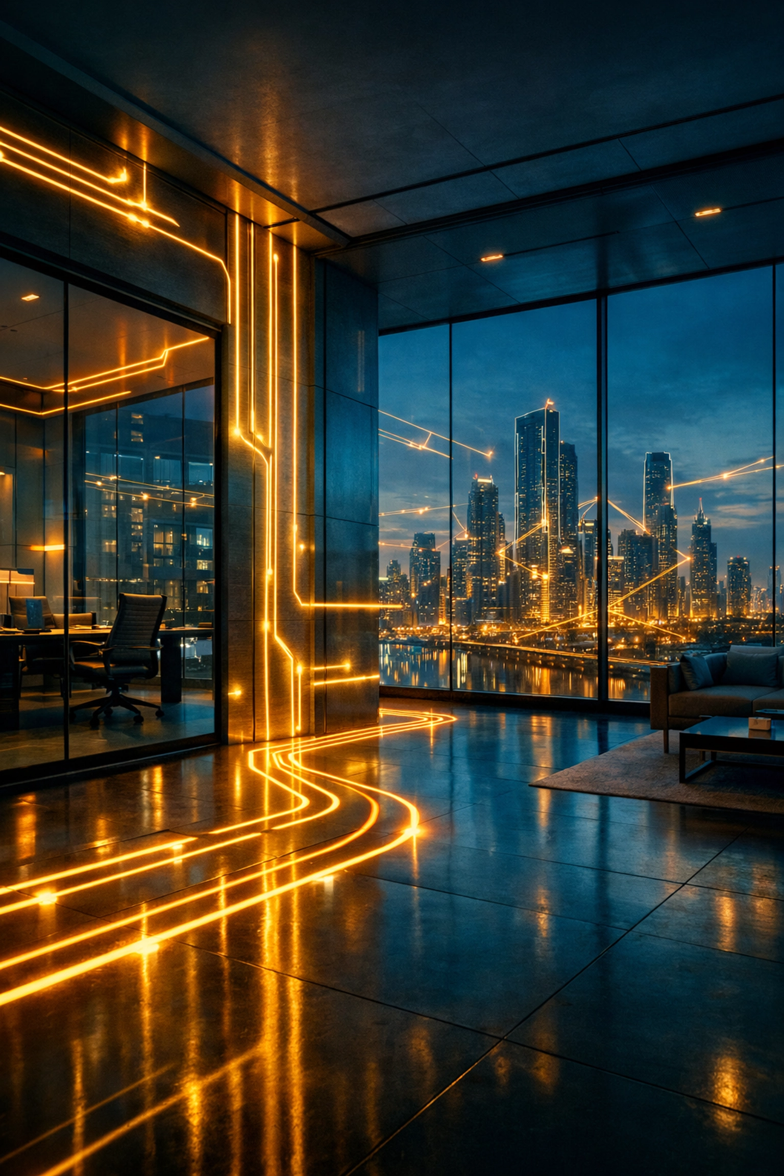 Glowing golden data conduits in a modern office representing high-quality financial data infrastructure.