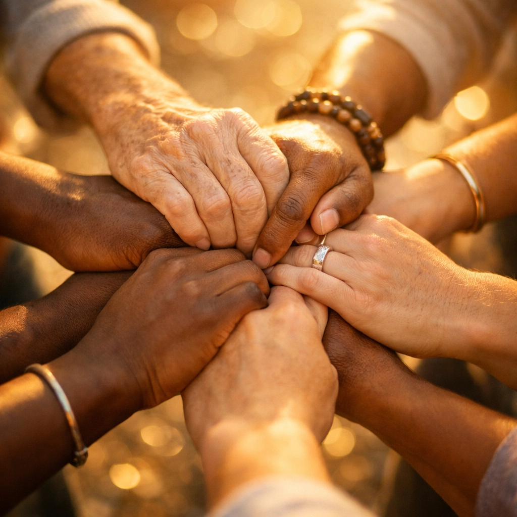 Diverse hands joined together symbolizing faith community and shared testimonies