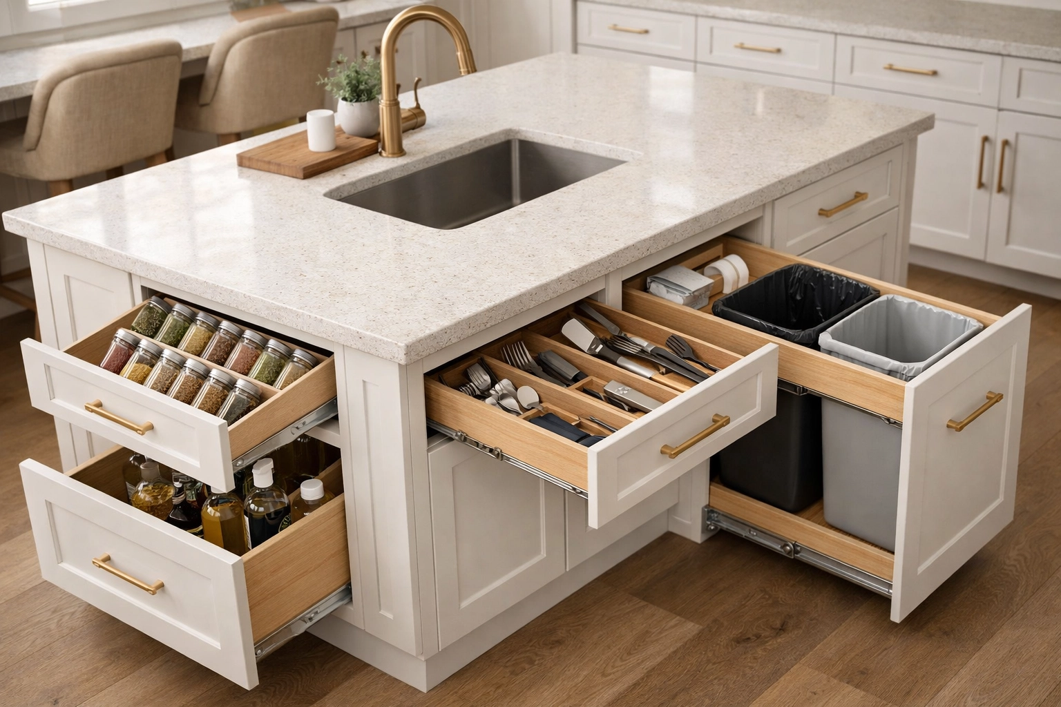 Custom kitchen island with pullout drawers and organized storage solutions