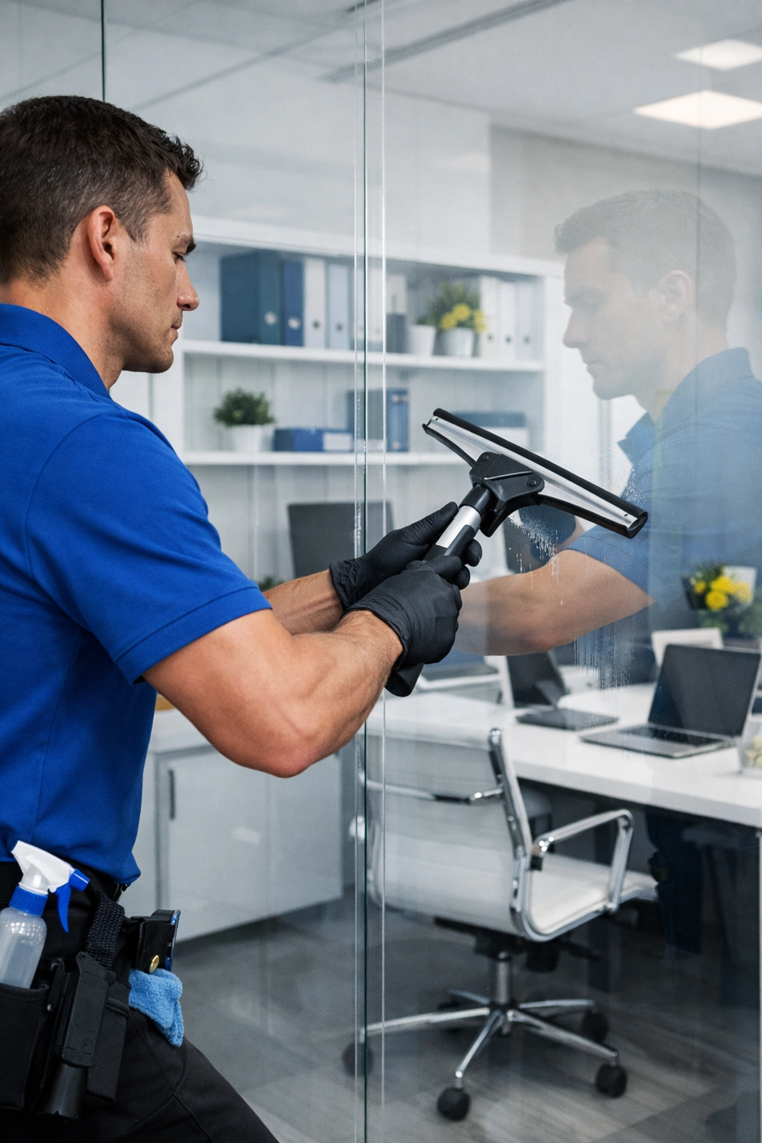 Expert office cleaning professional meticulously polishing glass partitions in a modern Massachusetts workspace.