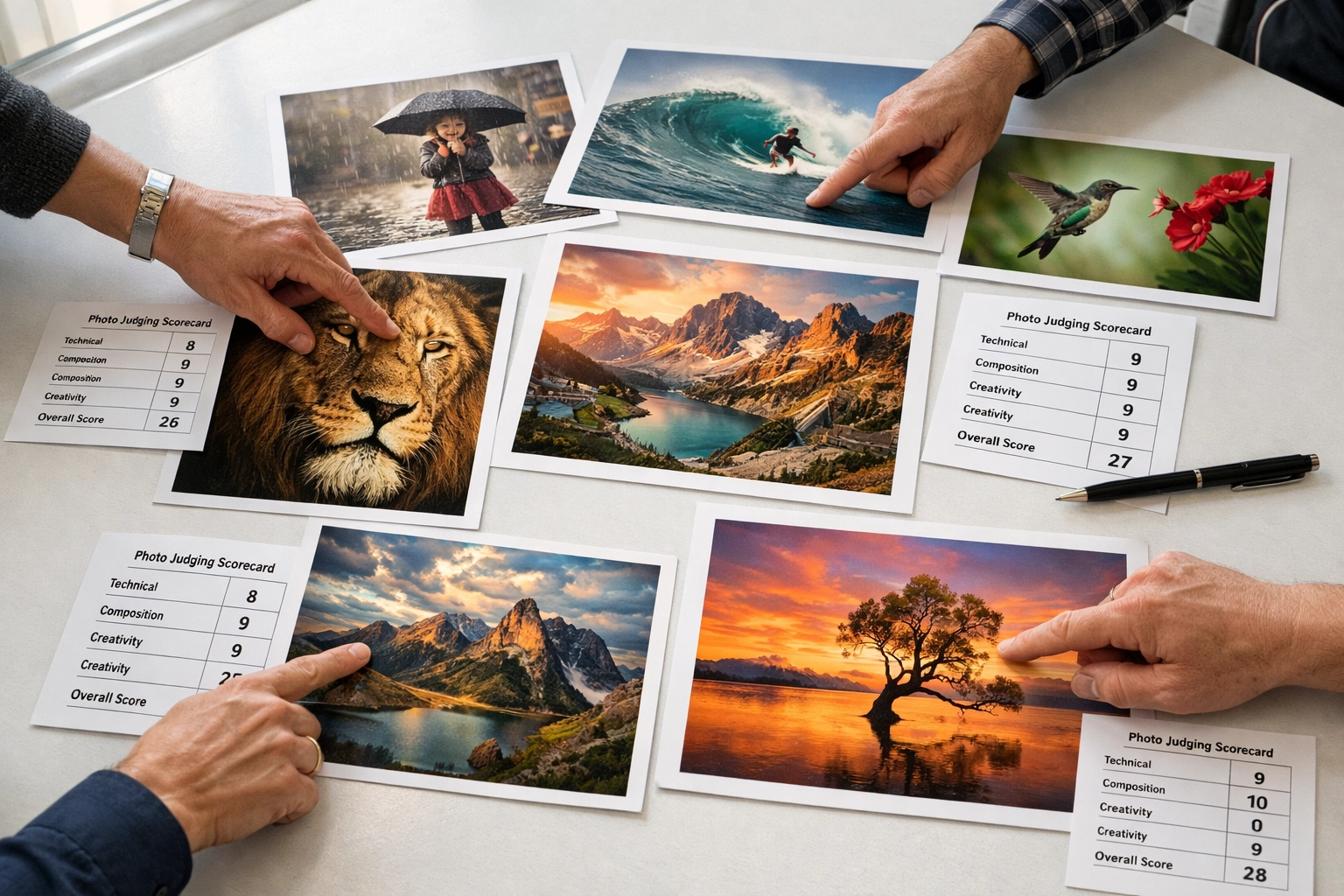 Photography competition judging with printed photos and scorecards on table being evaluated