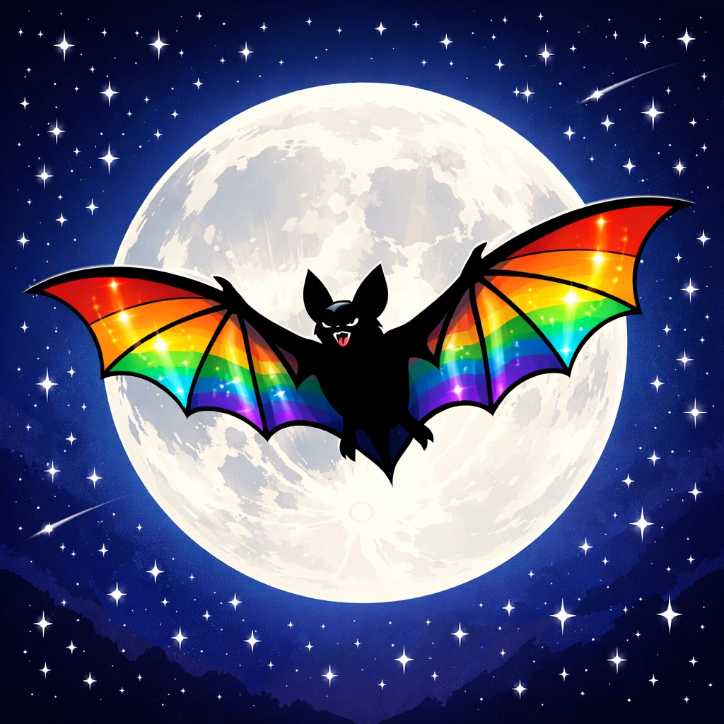 Bat flying across a full moon with rainbow wings, symbolizing LGBTQ+ pride and the empowering nature of queer stories.