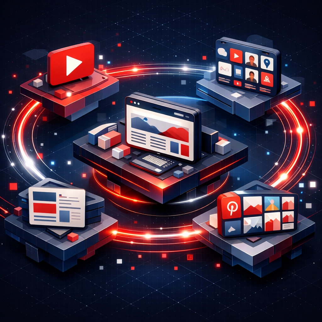 Multi-platform traffic sources connected to central website hub for affiliate marketing