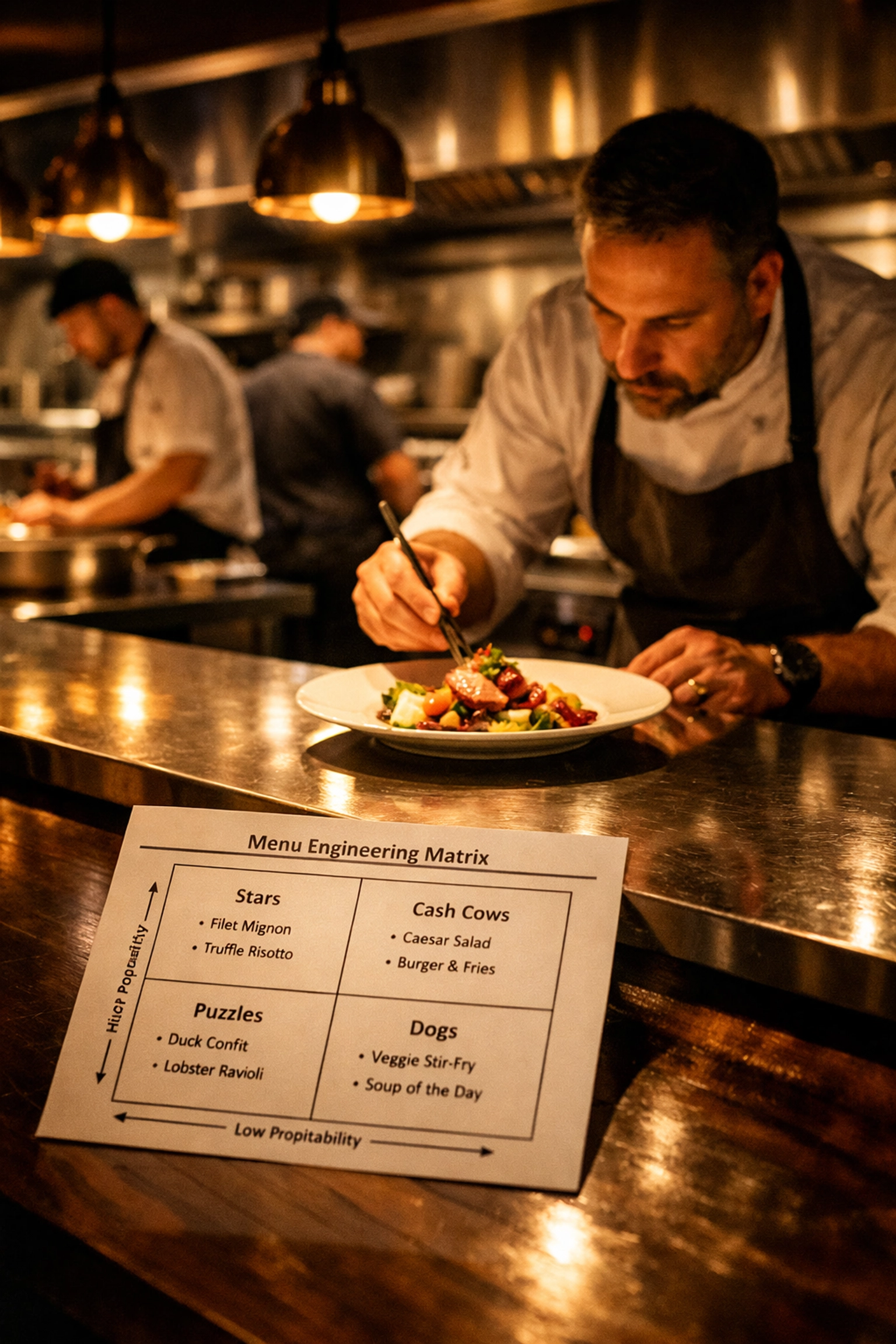 Chef plating dish with menu engineering matrix showing pricing categories