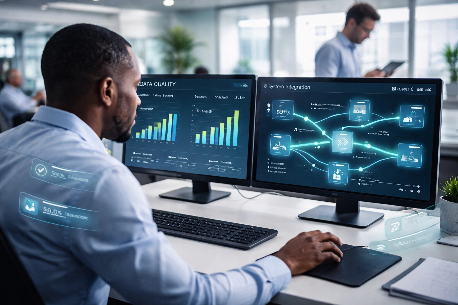 Finance analyst verifies ERP data migration on dual monitors with dashboards and clean data flows, demonstrating the importance of thorough data preparation