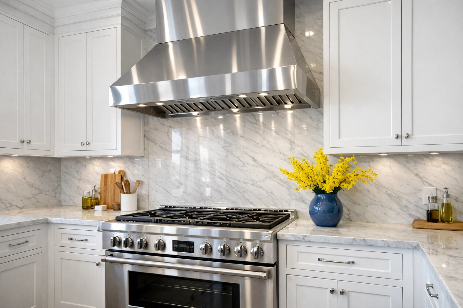 Spotless luxury kitchen after professional deep cleaning in Leominster MA, featuring shiny stainless steel surfaces.