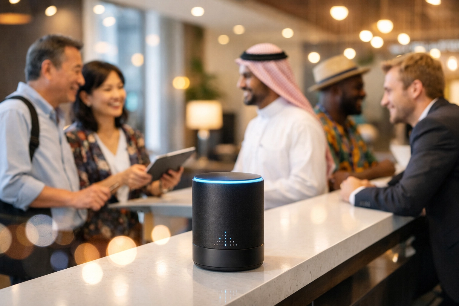 Voice AI device at hotel front desk serving diverse international guests with different accents