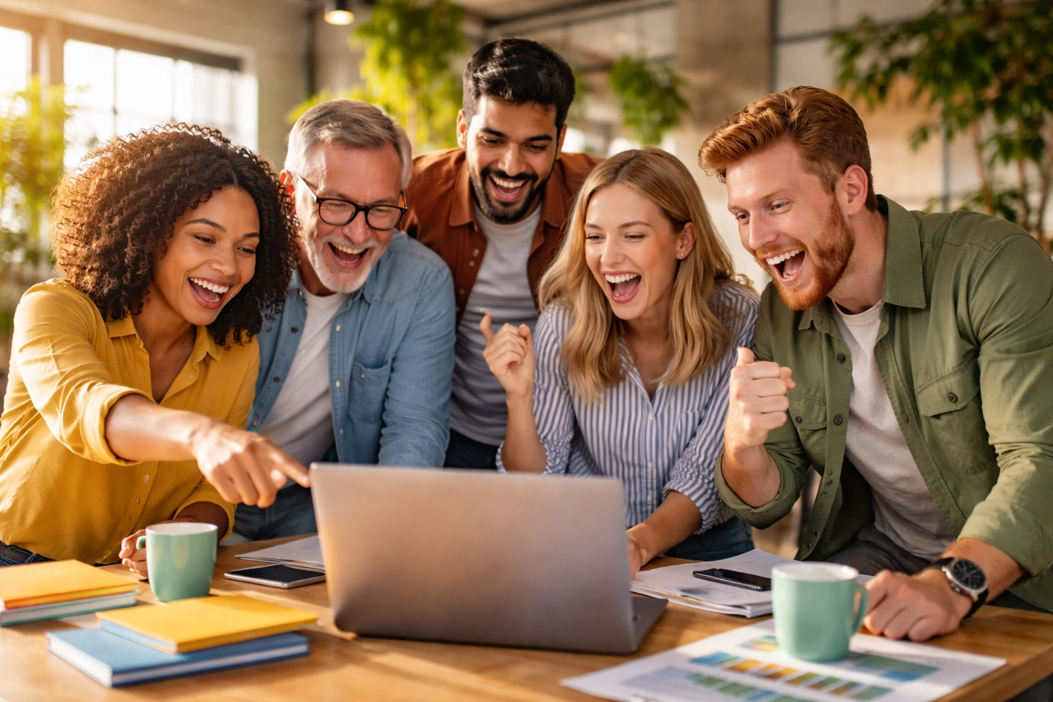 Diverse business owners celebrate video marketing success while viewing analytics in a modern co-working space.