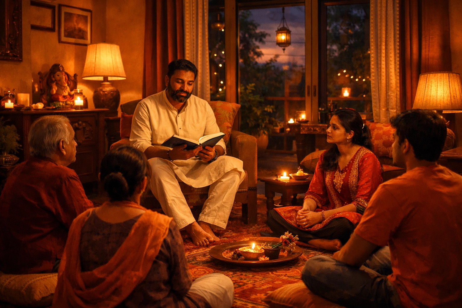 Believers in India meeting in a private home for Bible study and quiet Christian fellowship.