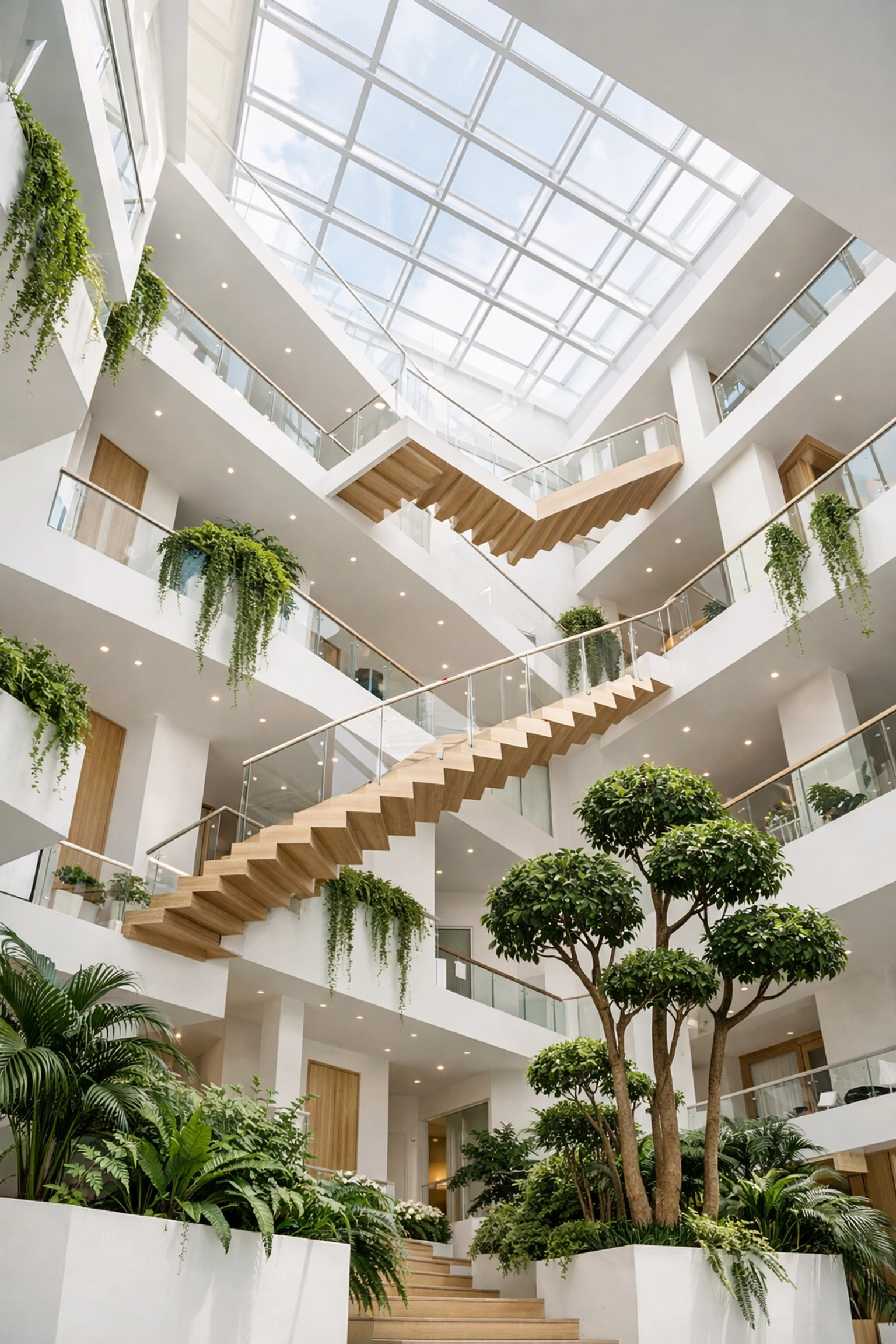 Innovative boutique hotel interior with an open atrium, symbolizing modern hospitality scaling and design.