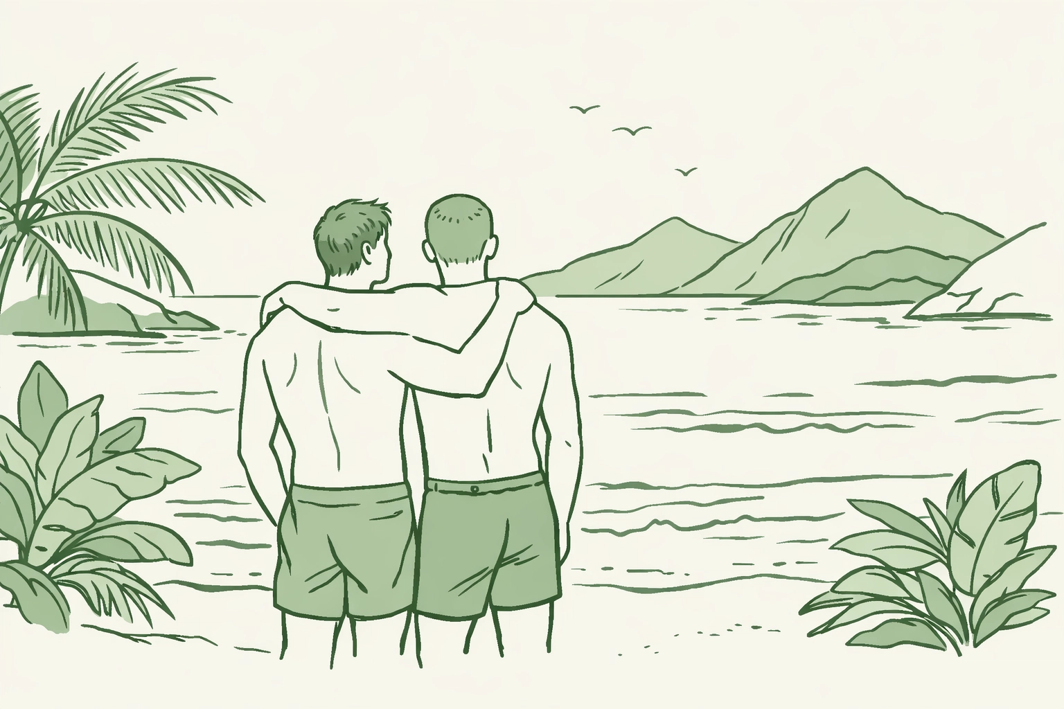 Two men enjoying freedom at Praia do Abricó gay nudist beach in Rio with tropical mountains