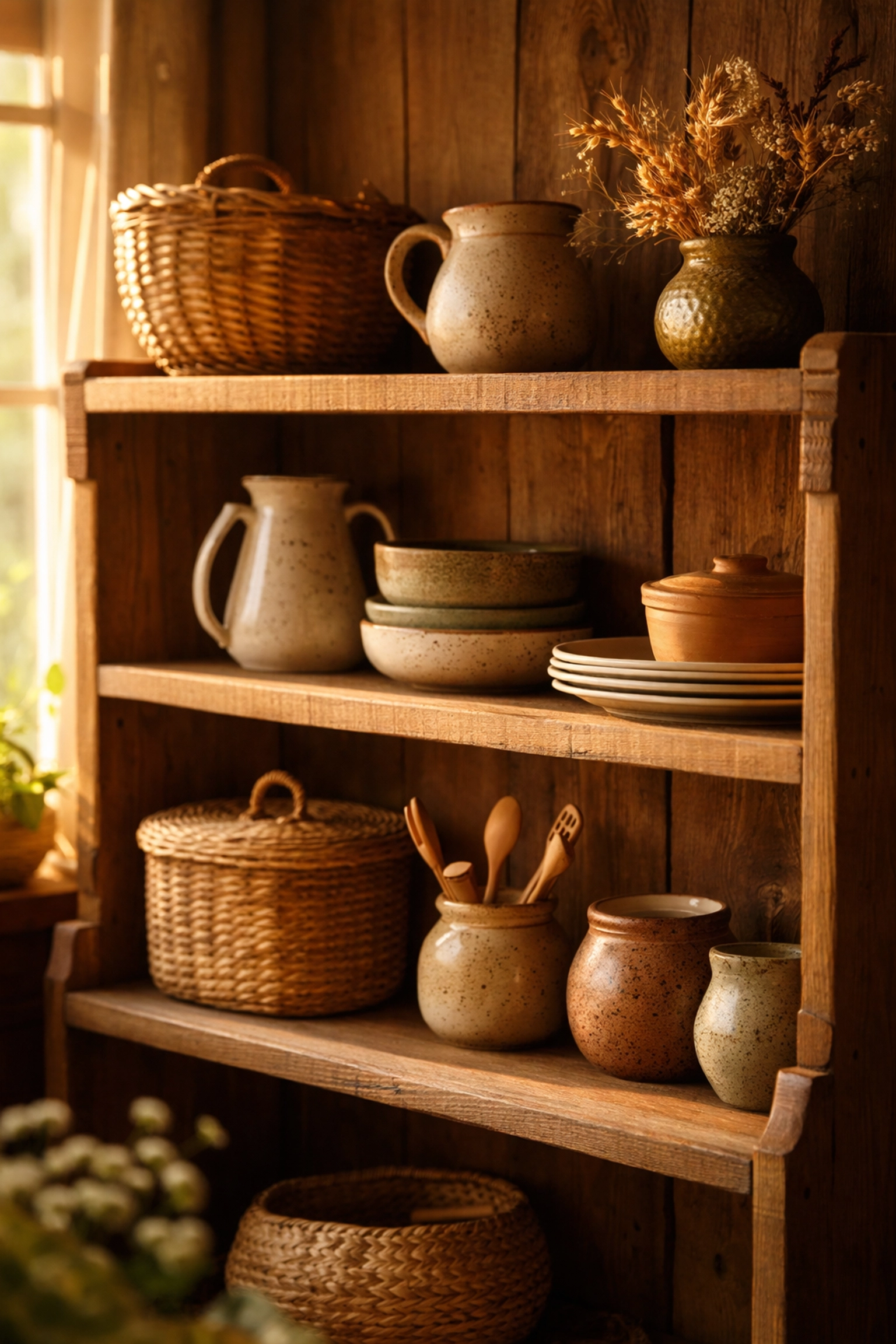 Handcrafted wooden shelf with ceramic pottery and woven baskets, highlighting artisan decor quality and durability.