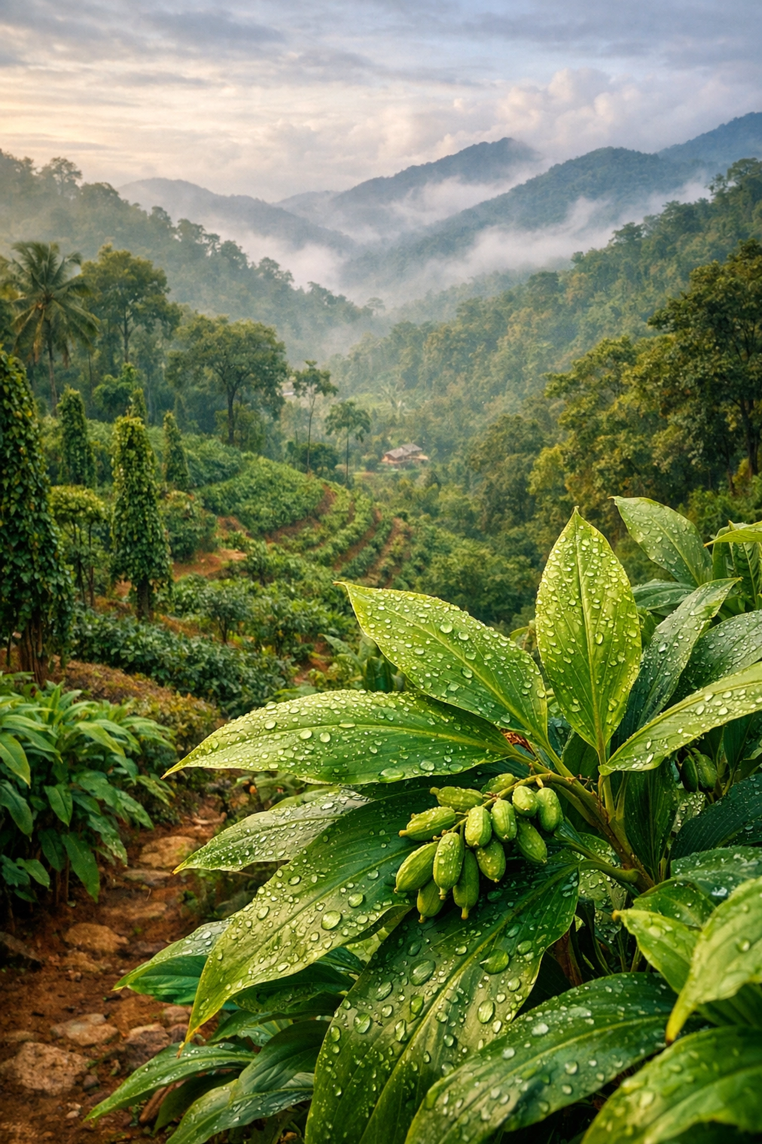 Green cardamom plant growing on a lush hillside plantation in the Kerala Western Ghats.