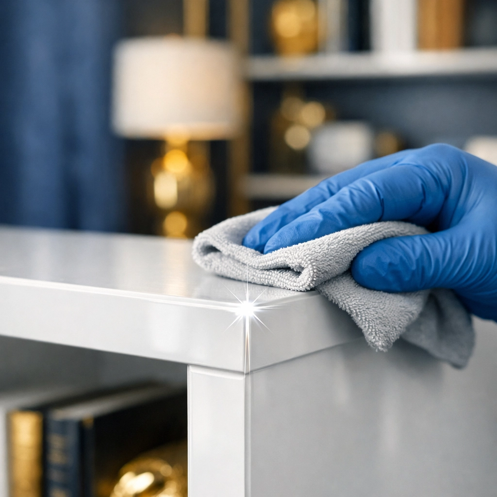 Detail of professional dusting on a bookshelf showcasing expert bi-weekly house cleaning in Medfield.