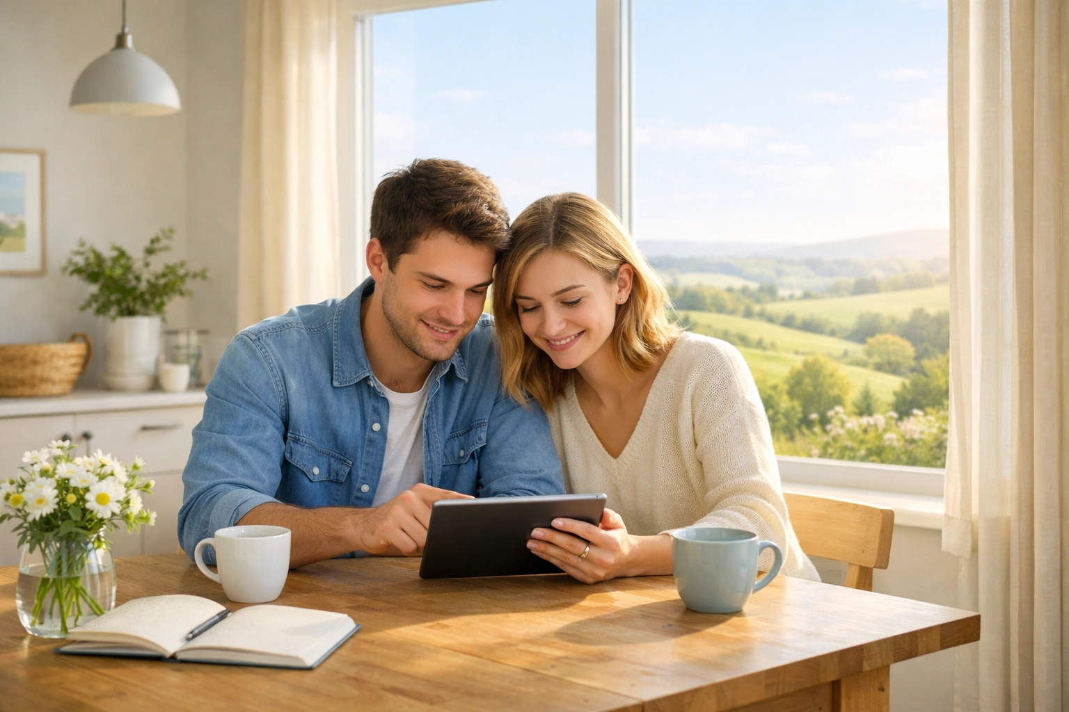 A young couple connecting with their faith community online from a peaceful rural home.