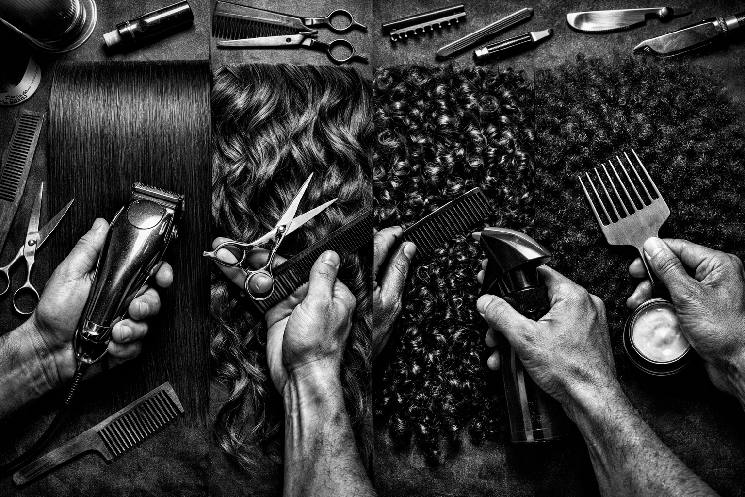 Barber demonstrating texture training techniques on straight wavy curly and coily hair types