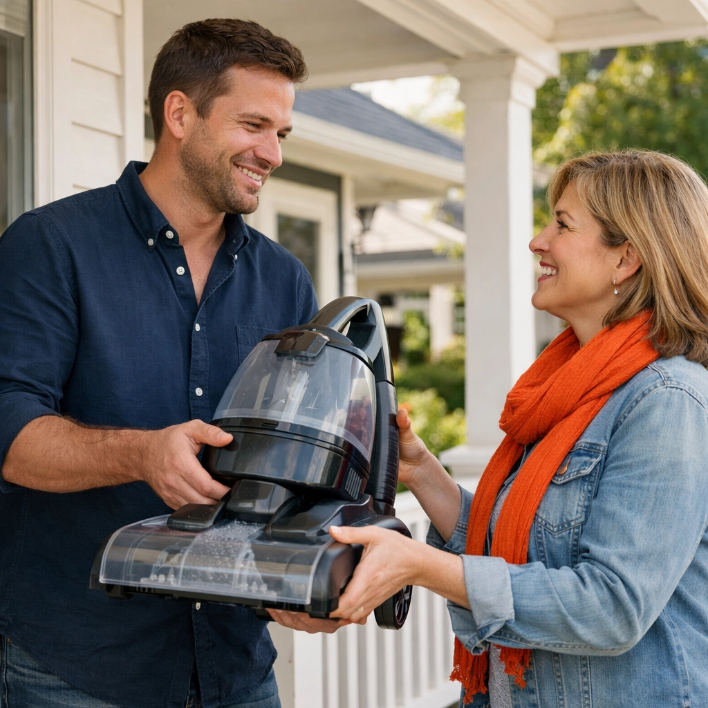 Friendly neighbors in Burlington exchanging a rented carpet cleaner through the Chartrflex platform.