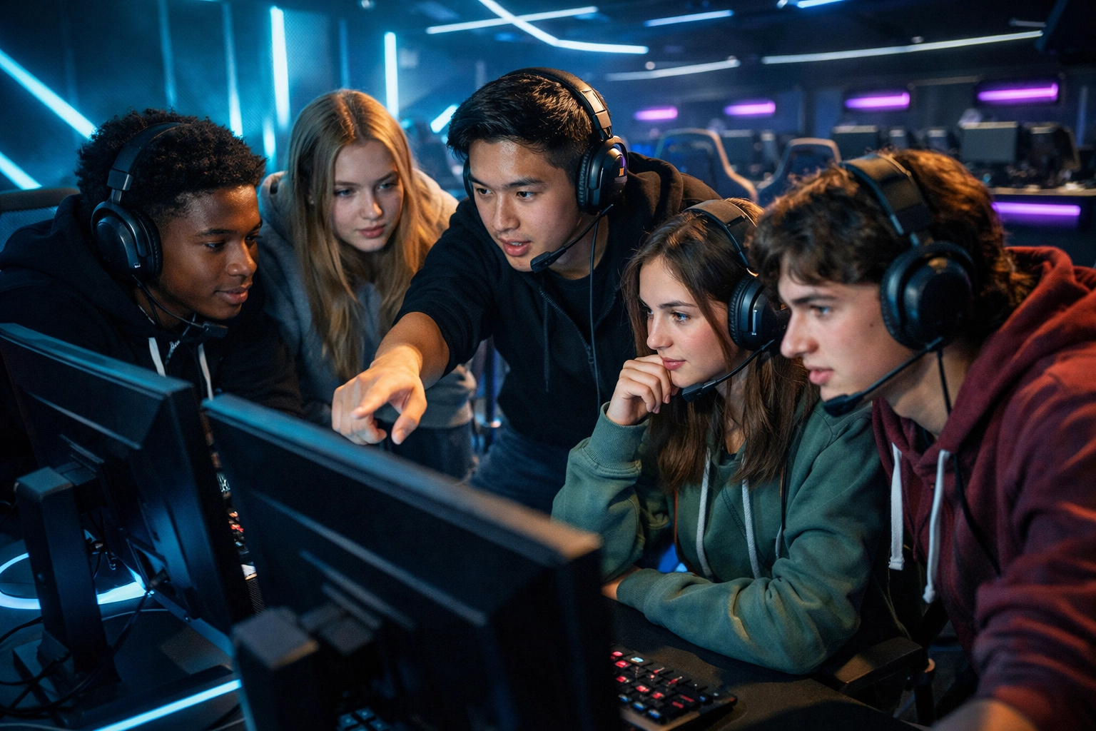 High school students collaborating at gaming monitors in modern esports facility for talent development
