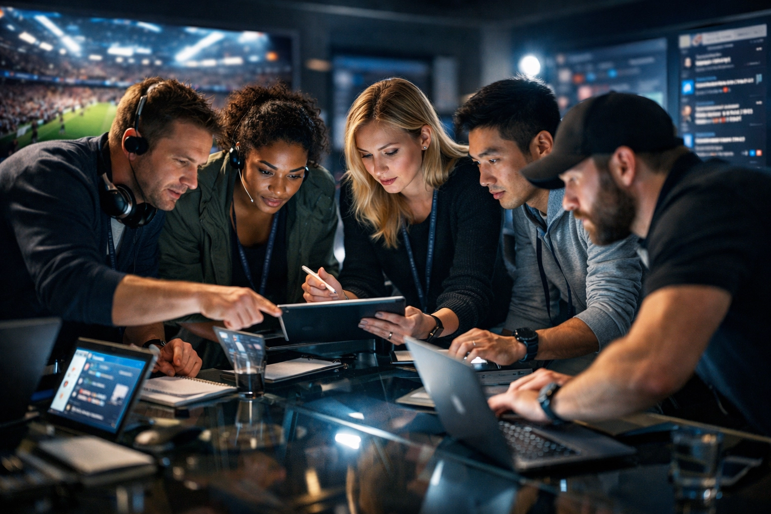 Diverse sports marketing team collaborating in a digital war room during a major sporting event.