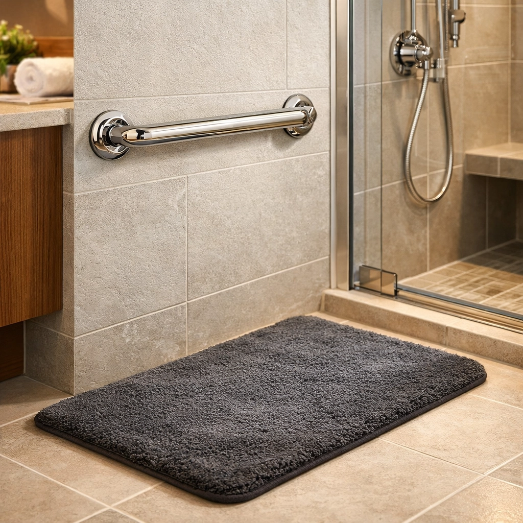 Sleek bathroom grab bar and non-slip mat installed for improved senior safety and fall prevention.