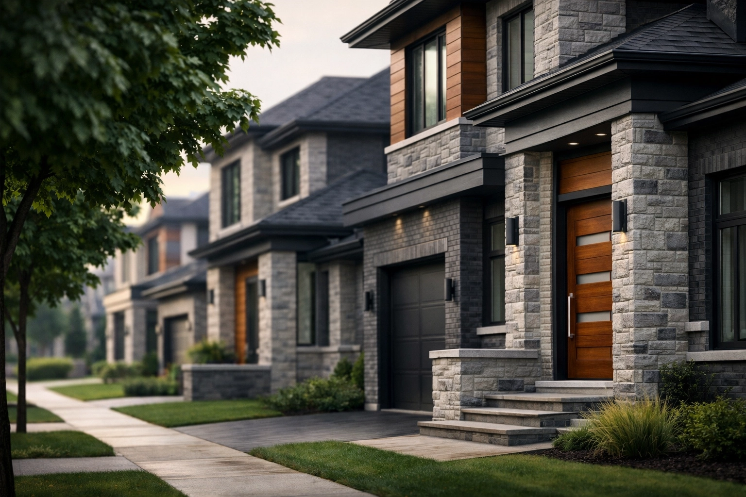 Modern stone and brick houses on an Ontario residential street in Richmond Hill.