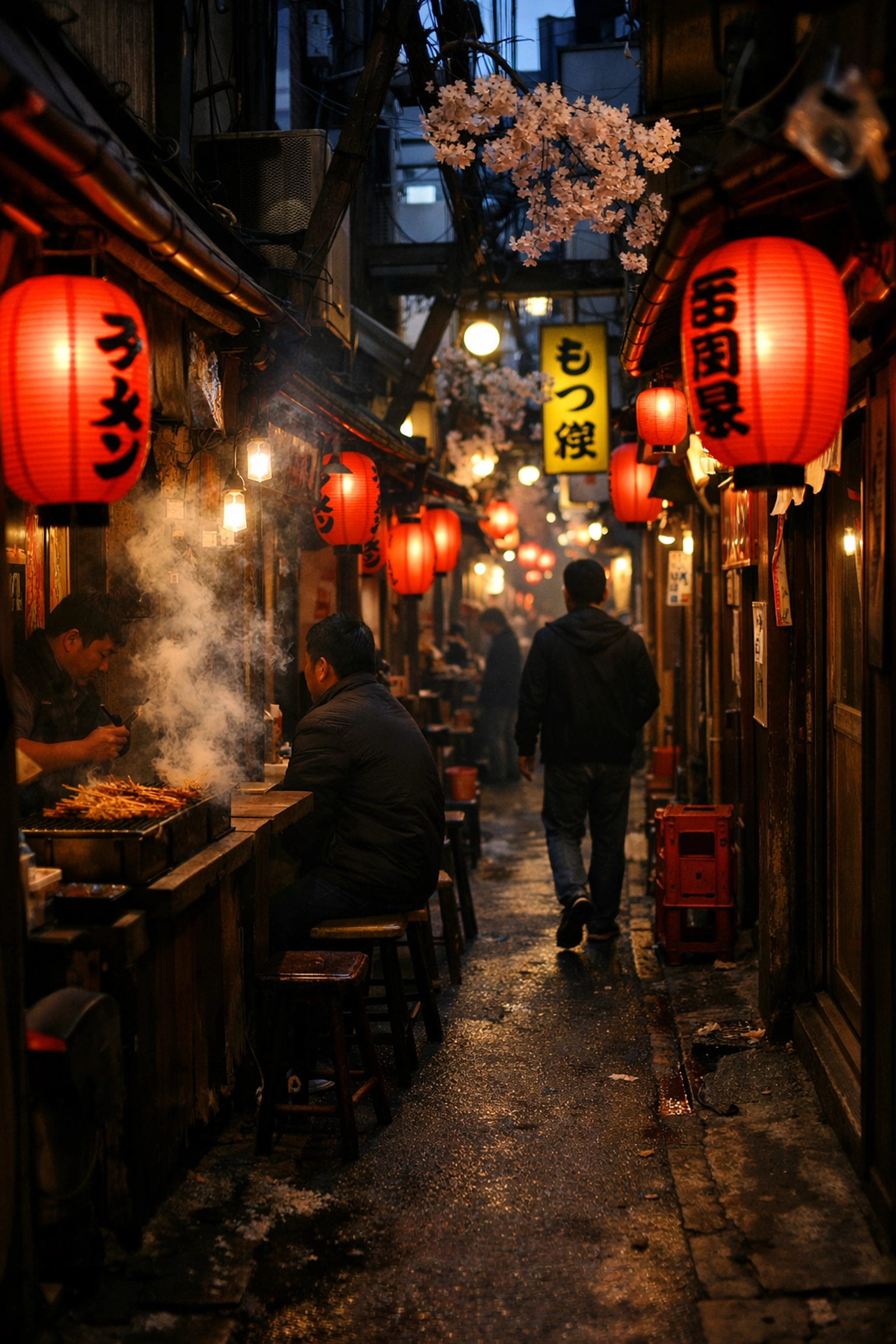 Glowing red lanterns in a narrow Shinjuku Yokocho alley, home to Tokyo’s best izakayas.