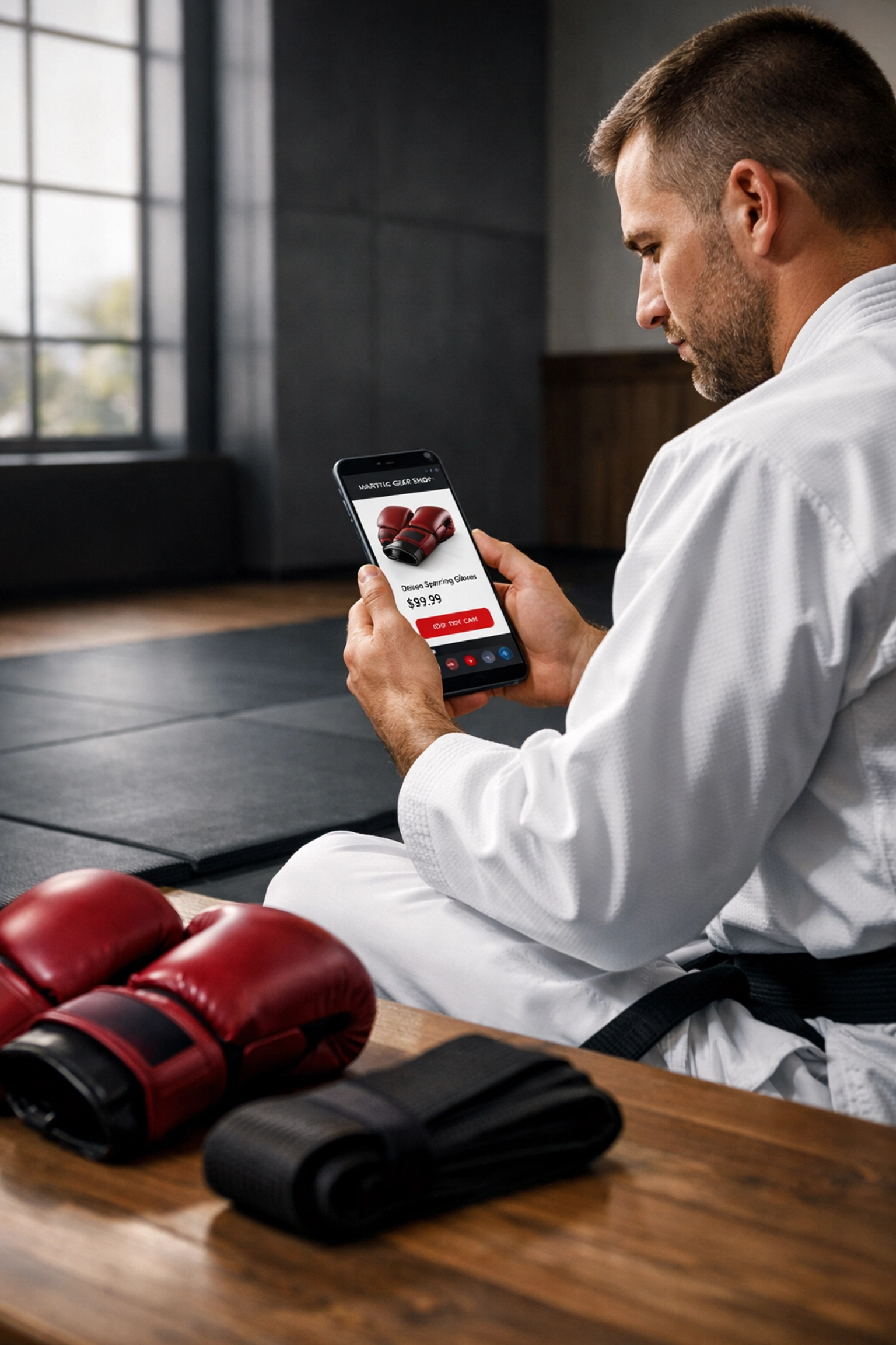 Student using the DojoTrack companion app to shop for martial arts gear and equipment from their smartphone in a dojo.