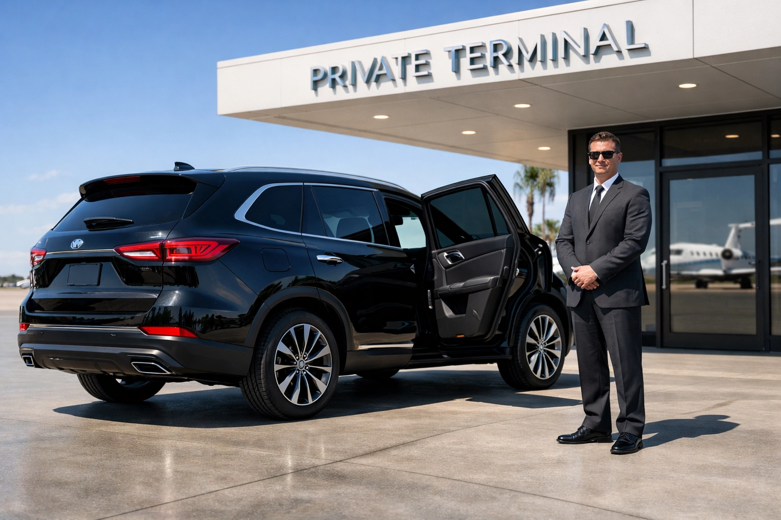 Chauffeur waiting with a luxury SUV at a private terminal for premium corporate executive travel.
