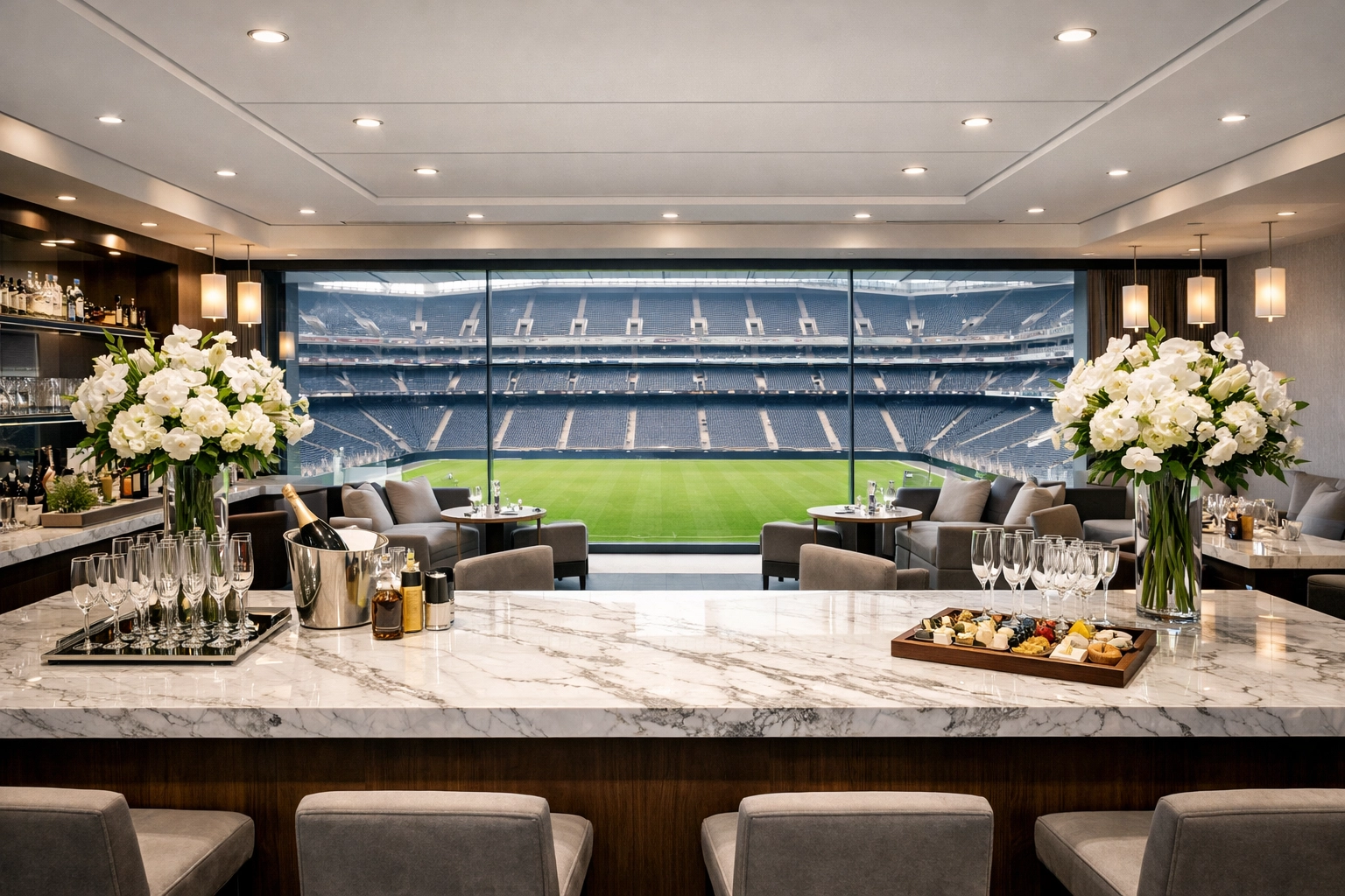 Elegant interior of a luxury VIP hospitality suite with a panoramic view of the football stadium.