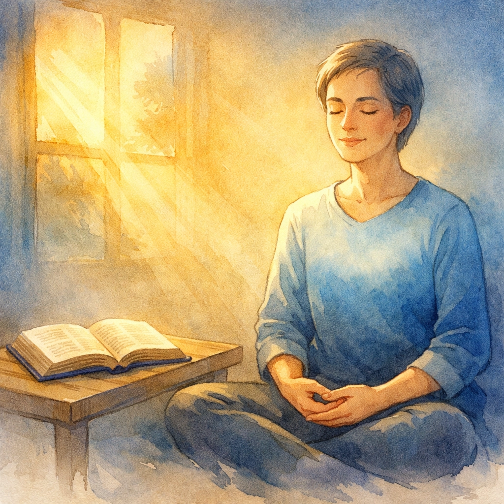 Person meditating peacefully with open Bible during faith-based anxiety reset practice