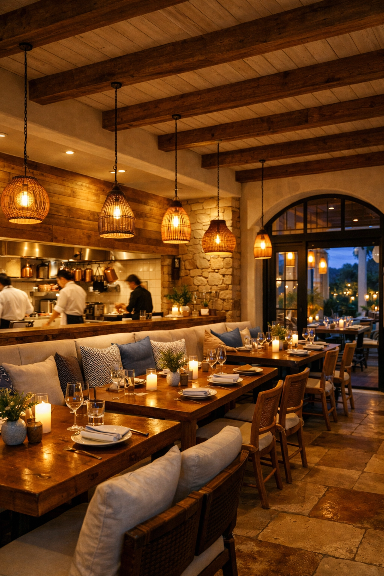 Mediterranean restaurant interior with wooden beams, warm lighting, and open kitchen