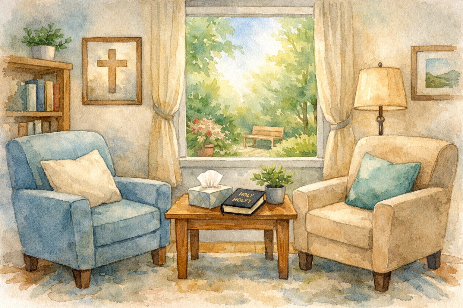 Christian therapist's office with comfortable chairs and Bible for faith-based counseling