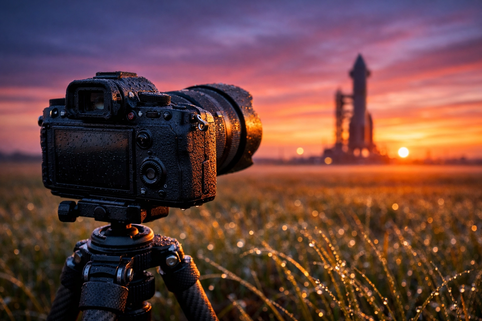 Professional mirrorless camera on a tripod capturing a rocket launch at sunrise for the latest photography news.