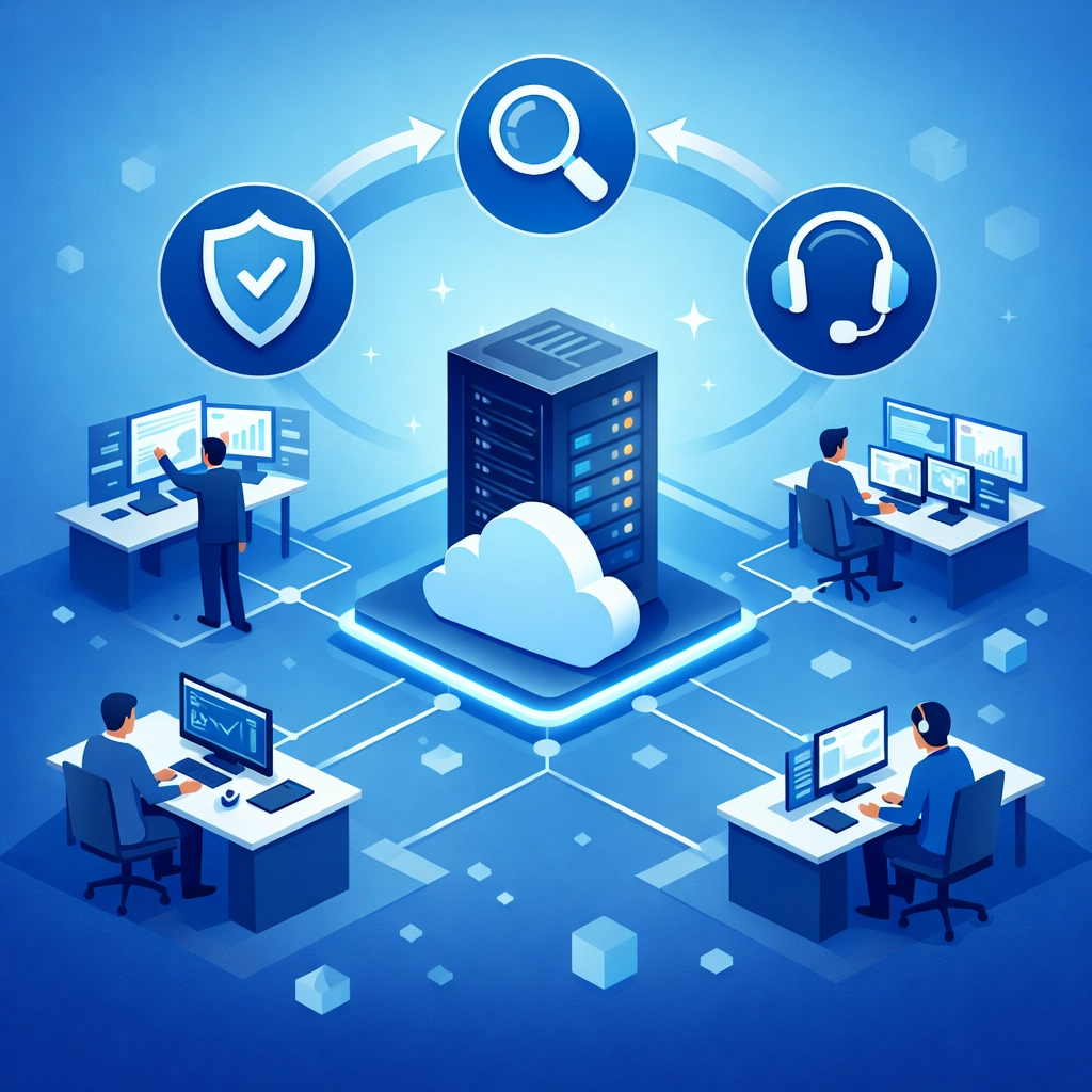 Managed IT infrastructure with monitoring, security, and support services for growing businesses