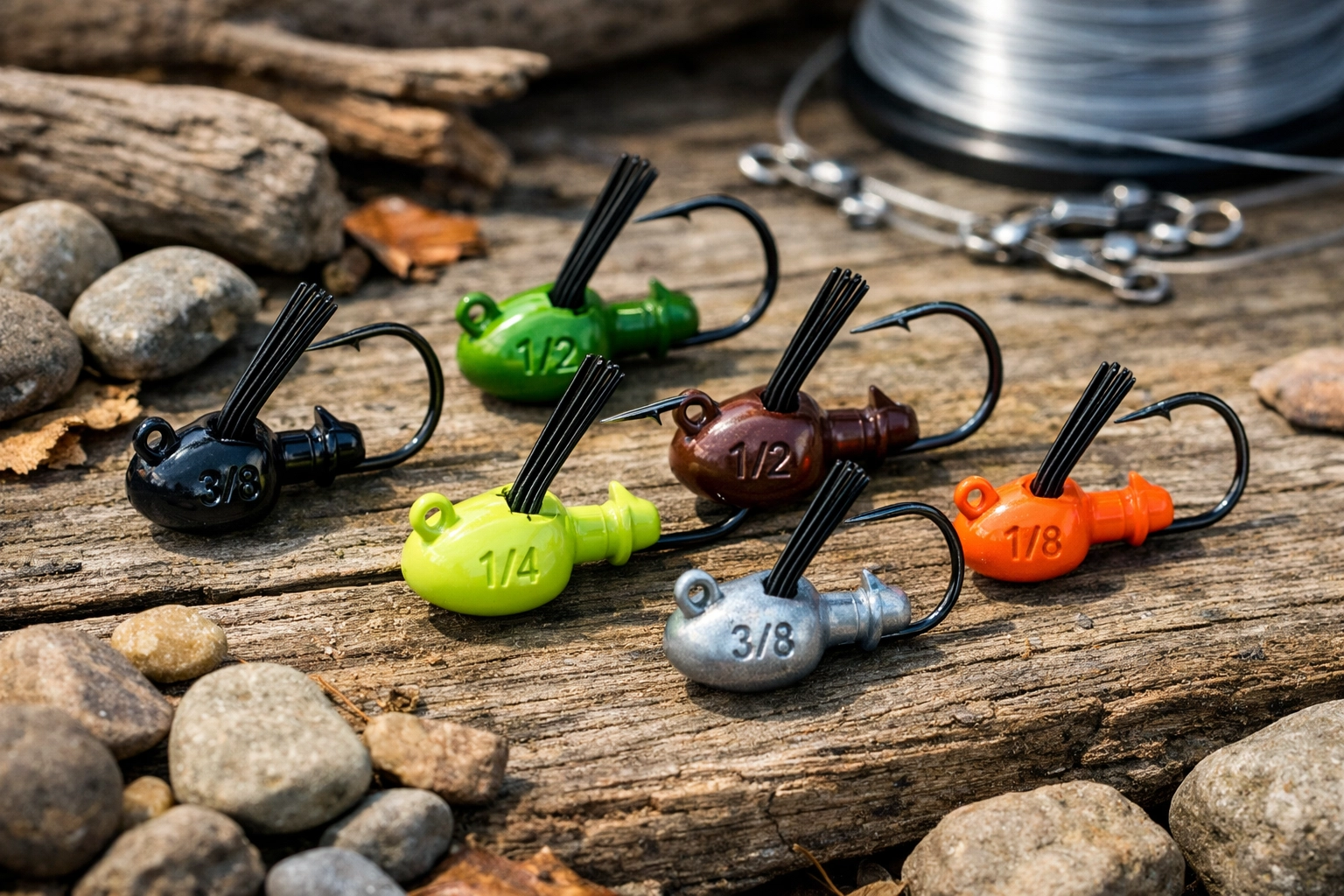 Snag-resistant jig heads for bass fishing displayed on weathered wood with rocks