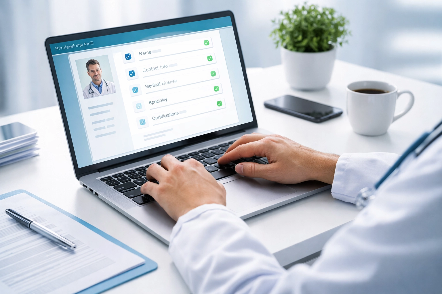 Healthcare professional updating provider enrollment profile on a laptop for CAQH compliance