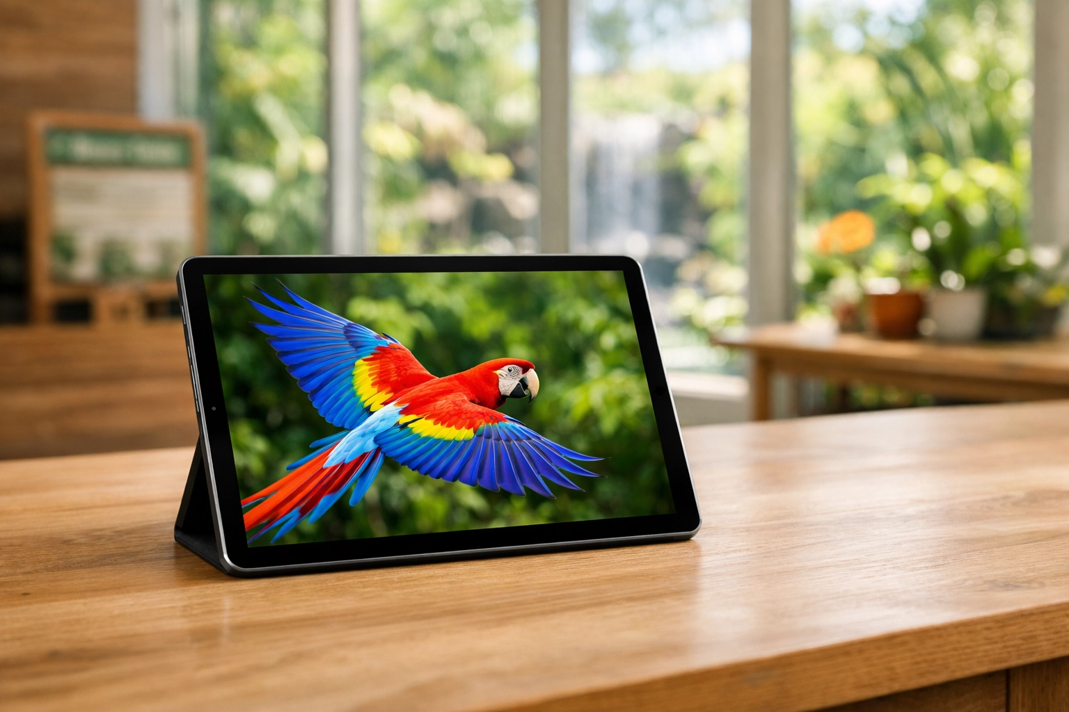 Digital tablet displaying a vibrant macaw stock photo in a zoo setting, bridging digital and physical media.